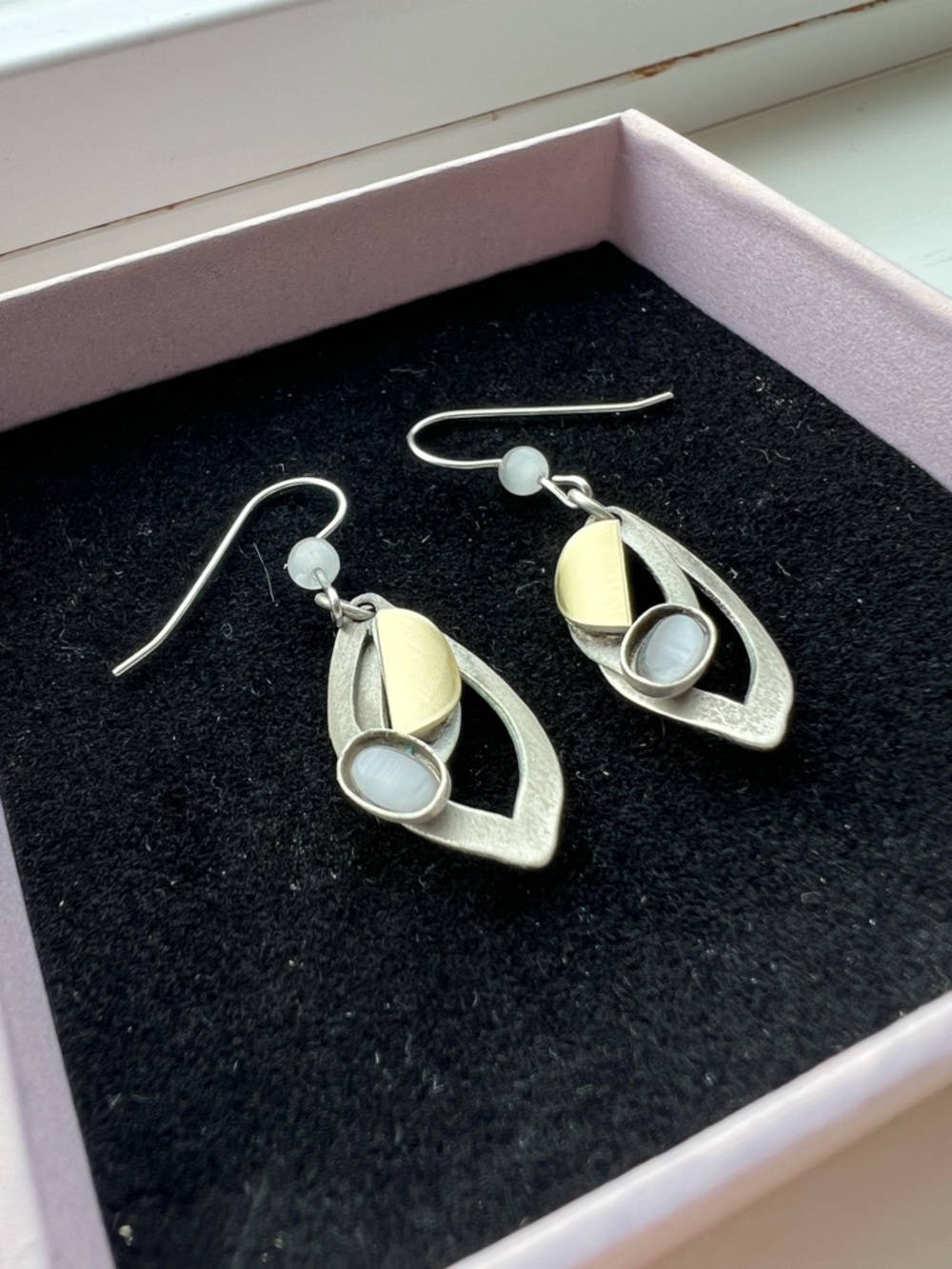 Elegant Two-Tone Silver and Gold Drop Earrings with Pearlescent Accent